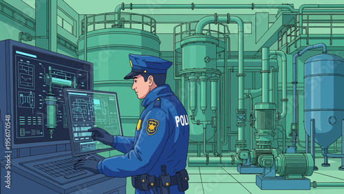 Police Officer Monitoring Industrial Facility Security Systems.