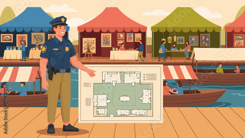Police officer presenting a building blueprint at an outdoor market.