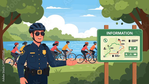 Police officer pointing at information board in park.