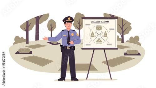 Police Officer Presenting Security Strategy on Whiteboard.