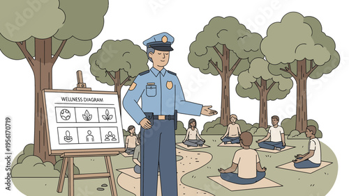 Police officer teaching mindfulness to a group of people outdoors.