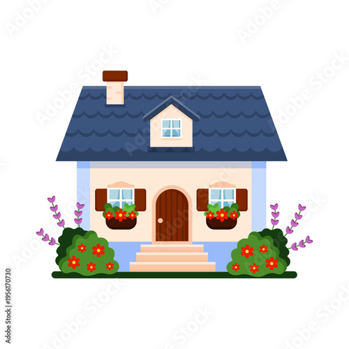 Isolated blue and beige house in european style with flowers. Facade of building. European style building. Cartoon  facade. Colorful house. Old city manor. Flat design. Vector illustration.