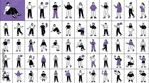 Large collection of diverse cartoon characters in various poses for social media marketing and web design vector (17 words)