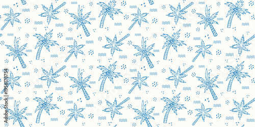 Seamless pattern with blue hand-drawn tropical coconut palms in doodle style on white background. Tropical beach ornament.Botanical elements. Floral decoration. Monochrome design.Vector illustration. 