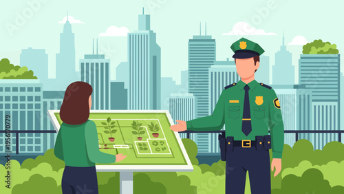 Security Guard Explains Map to Woman in City Park.