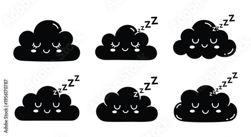Six smiling clouds with closed eyes appear to be peacefully sleeping