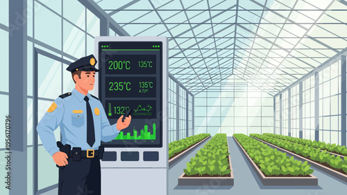 Security Guard Monitoring Greenhouse Technology Display.