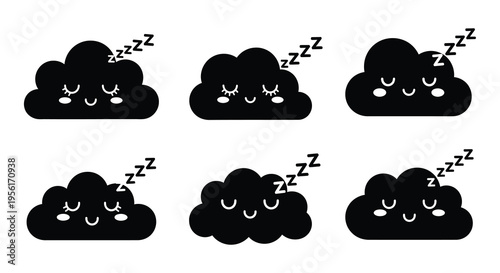 Six smiling clouds with closed eyes appear to be peacefully sleeping