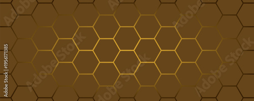 Golden hexagon structure blending technology and elegance. Luxurious honeycomb design. Abstract hexagonal with glowing nodes. Elegant honeycomb pattern featuring luminous points and highend themes