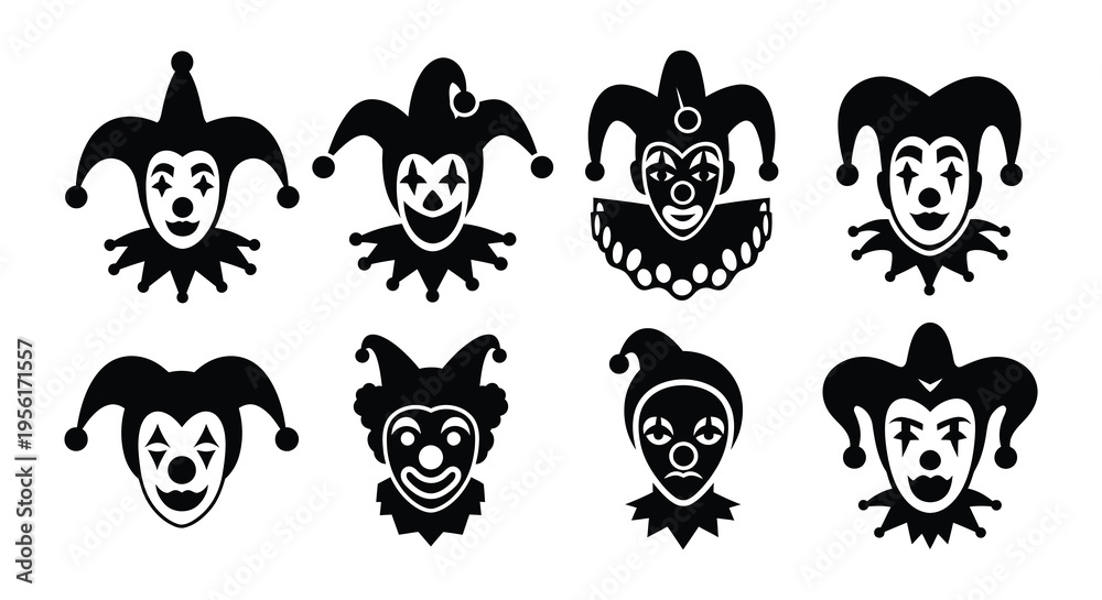 Fototapeta premium Collection of black silhouette jester faces displaying various expressions