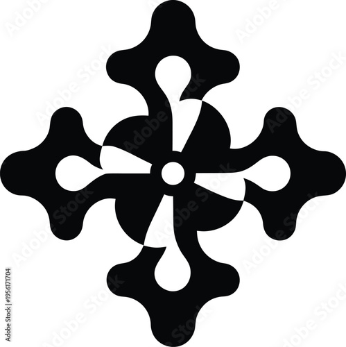 a windmill with four curved blades and tower the entire image silhouette vector illustration on transparent background