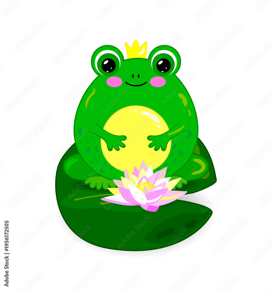 Fototapeta premium Frog in crown on water lily and with lily, isolated on white background. Vector illustration of frog princess