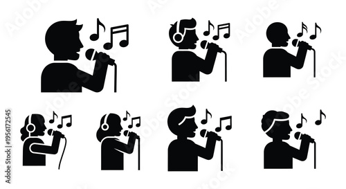 Six black silhouettes of people singing into microphones with musical notes