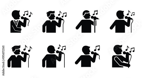 Six black silhouettes of people singing into microphones with musical notes