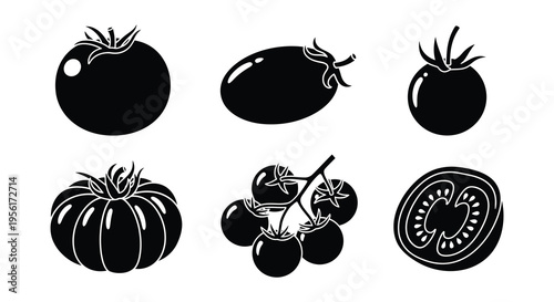 A collection of black and white tomato illustrations in various forms