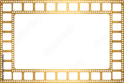 Golden film strip frame with metallic texture isolated on white background.