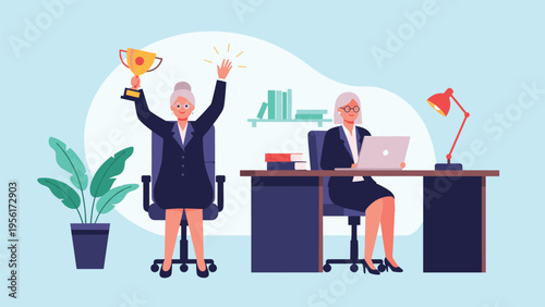 Successful senior businesswoman celebrating her achievement by holding a gold trophy at her office desk with a laptop and lamp.