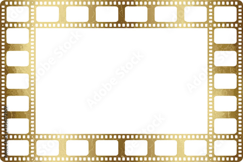 Golden film strip frame with metallic texture isolated on white background.