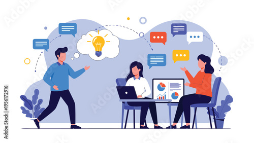 Creative business team brainstorming and sharing innovative ideas around a table with a lightbulb symbol and speech bubbles.