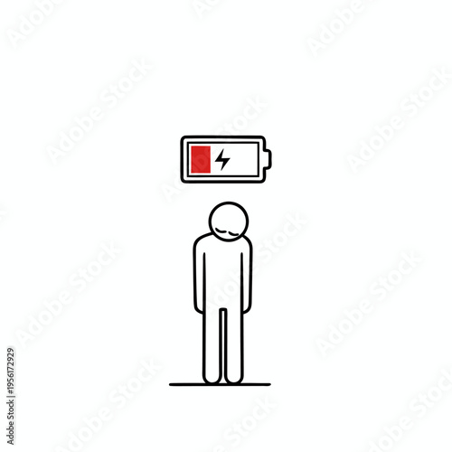 Minimalist vector illustration of a tired stick figure with a red low battery icon floating above its head, symbolizing human exhaustion and burnout
