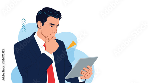 Pensive businessman in a suit holding a digital tablet while thinking deeply about a complex problem or a new project idea.