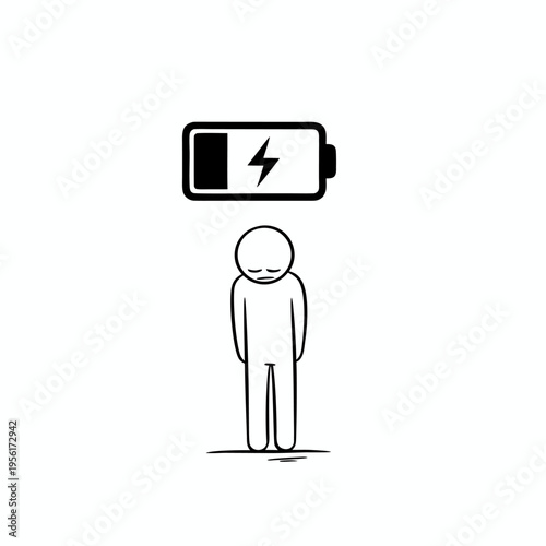 Minimalist stick figure character with low battery symbol, feeling exhausted and tired, needing recharge. Line art illustration on white background