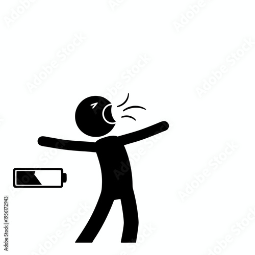 Conceptual vector illustration of a person screaming and reaching out desperately in exhaustion next to an empty battery icon symbolizing total depletion and fatigue