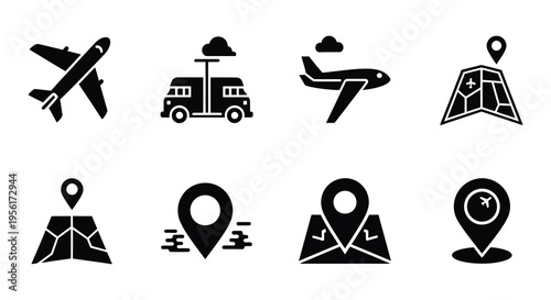 Travel icons depicting people with maps backpacks and location markers