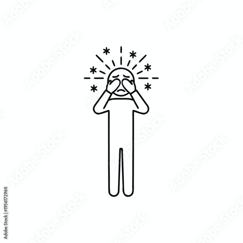 Stickman covering eyes due to photophobia and aura migraine symptoms with radiant lines around head.