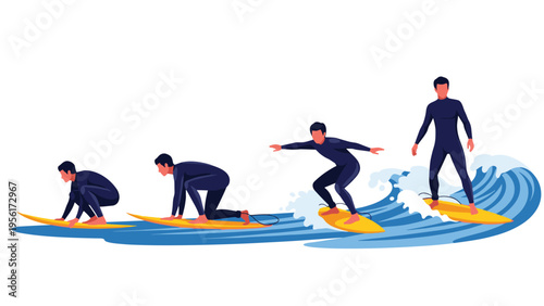 Active man in a wetsuit performing a sequence of surfing movements from paddling to standing up on a yellow surfboard on a wave.