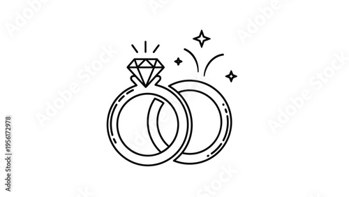 Elegant minimalist icon of two interlocking wedding rings with a sparkling diamond on one of them representing love and commitment.