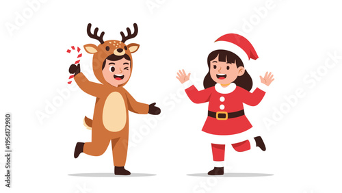 Two happy children dressed in festive reindeer and Santa Claus costumes celebrating the joy and spirit of the Christmas holiday.
