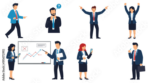 Set of professional business characters in diverse office roles and poses including presenting charts, thinking, and celebrating success.