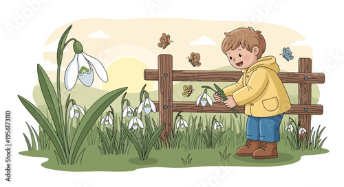 Young boy in yellow raincoat observing snowdrops and butterflies.