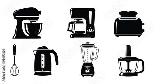 Collection of black silhouette kitchen appliances and cooking utensils