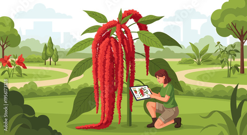 Young child observing giant chili pepper plant in garden.