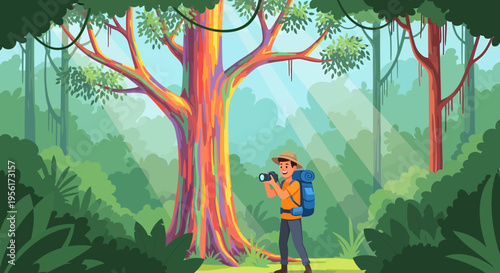 Adventurous hiker with backpack exploring jungle environment.