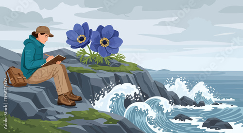 Artist sketching coastal anemones by the sea.