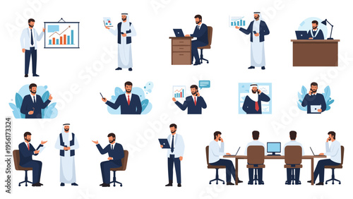 Comprehensive set of Arab businessmen characters performing various professional tasks and interacting in modern office settings.