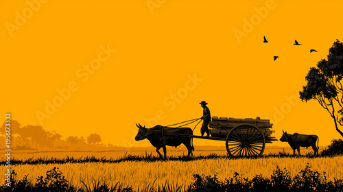 Silhouette man stand traditional bullock cart guide strong ox pull cart countryside.
