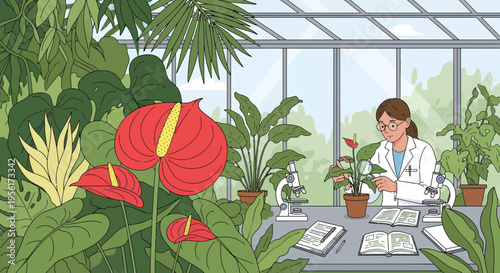 Botanist studying plants in a greenhouse laboratory.