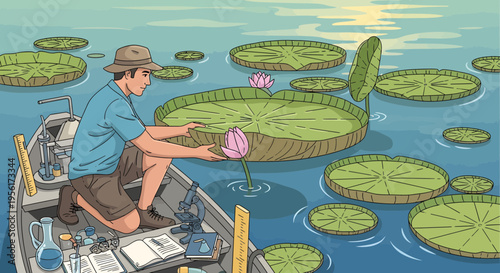 Botanist studying giant water lily in a boat.