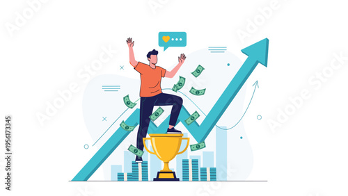Happy man celebrating financial success and victory standing on stacks of coins with a golden trophy and a rising graph arrow.