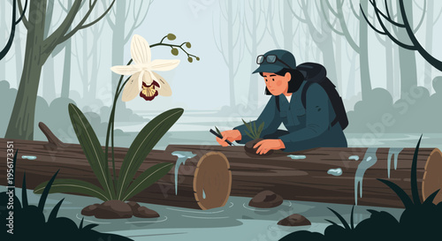 Botanist studying rare orchid on fallen log in misty forest.
