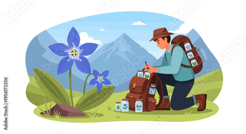 Botanist studying rare mountain flower with backpack.