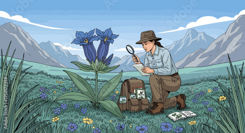 Botanist studying rare alpine flower with magnifying glass.