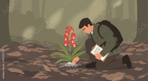 Botanist studying rare red flower in forest setting.