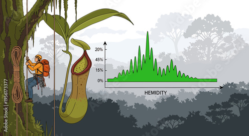 Carnivorous Pitcher Plant and Botanist in Rainforest.