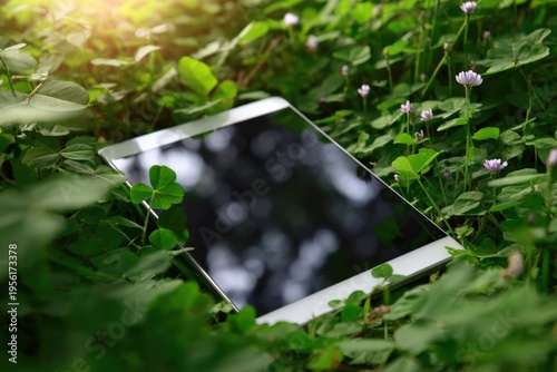Tablet lying on green clover field with sunlight and small flowers
