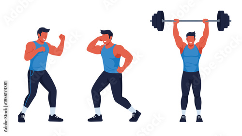 Muscular male athlete demonstrating physical strength through boxing, flexing muscles, and lifting a heavy workout barbell.